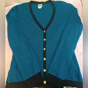 Anne Klein blue black chevron knit cardigan w/ gold logo buttons